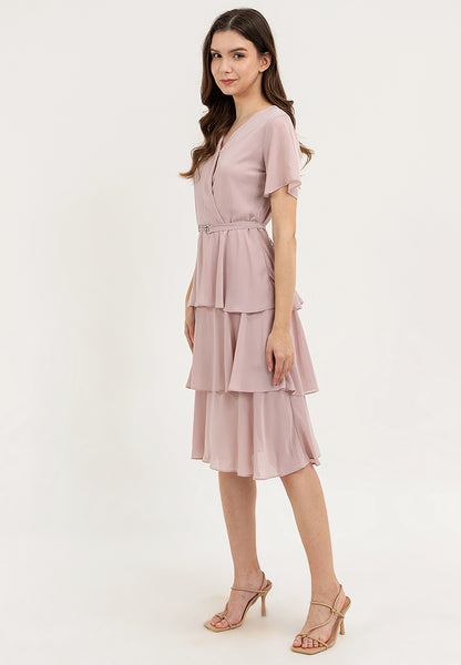 Krizia V-Neck Layered Peplum Waist Tiered Dress with Decorative Buckle Belt