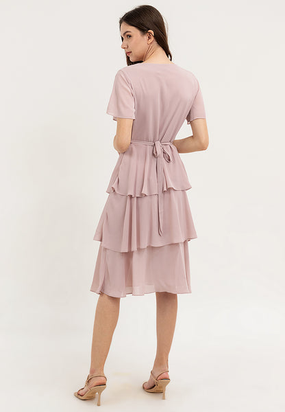 Krizia V-Neck Layered Peplum Waist Tiered Dress with Decorative Buckle Belt