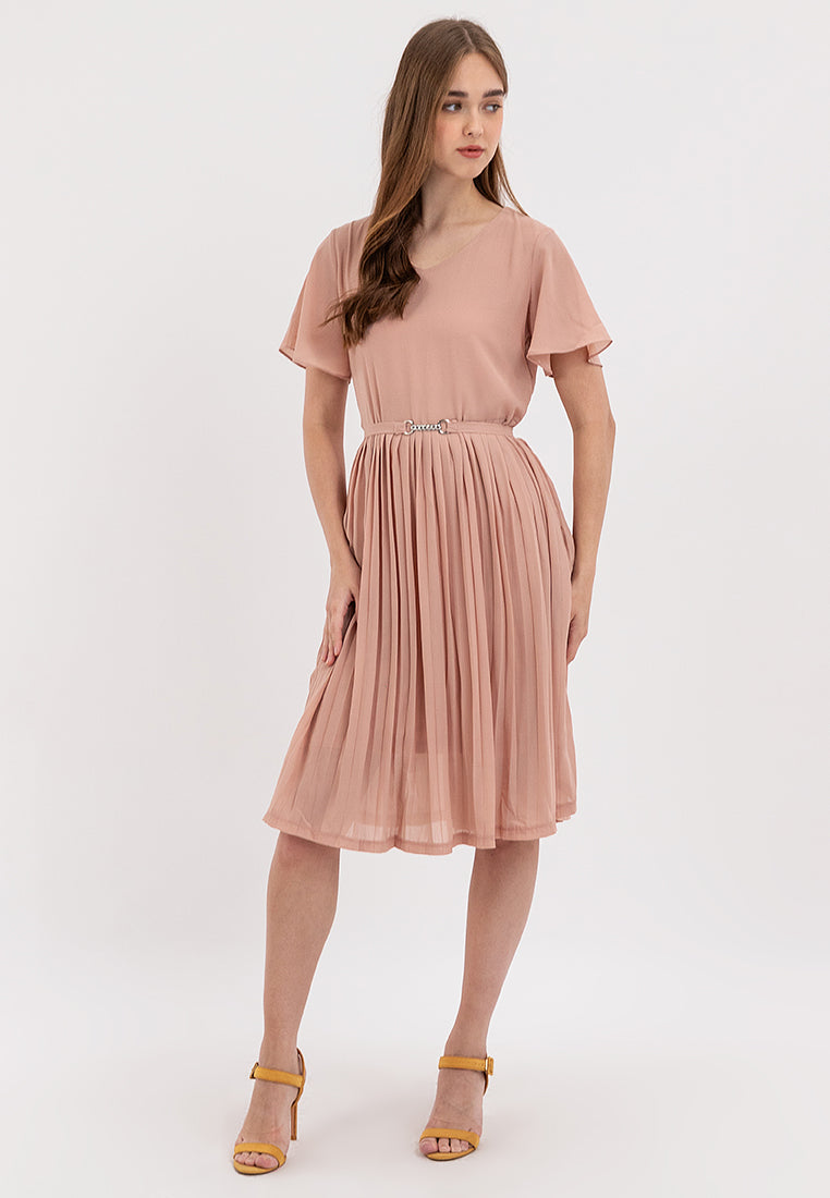 V-Neck Belted Electric Pleats Skirt Dress – Krizia Shop