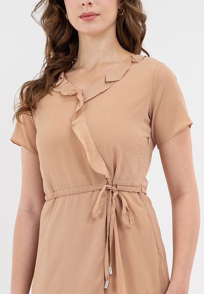 Krizia Ruffled Neckline Cascading Down the Front Drawstring Dress