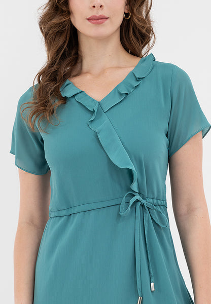 Krizia Ruffled Neckline Cascading Down the Front Drawstring Dress