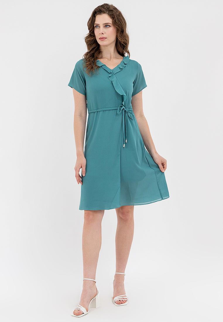 Krizia Ruffled Neckline Cascading Down the Front Drawstring Dress