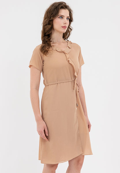 Krizia Ruffled Neckline Cascading Down the Front Drawstring Dress