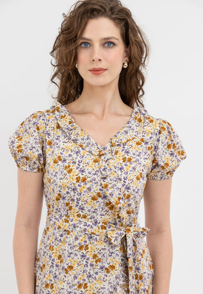 Krizia Puff Sleeves Overlap Flounce Hem Dress