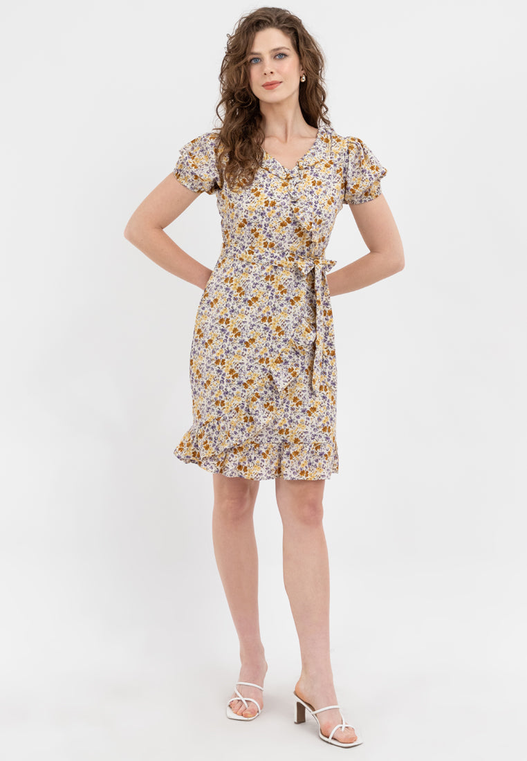 Krizia Puff Sleeves Overlap Flounce Hem Dress