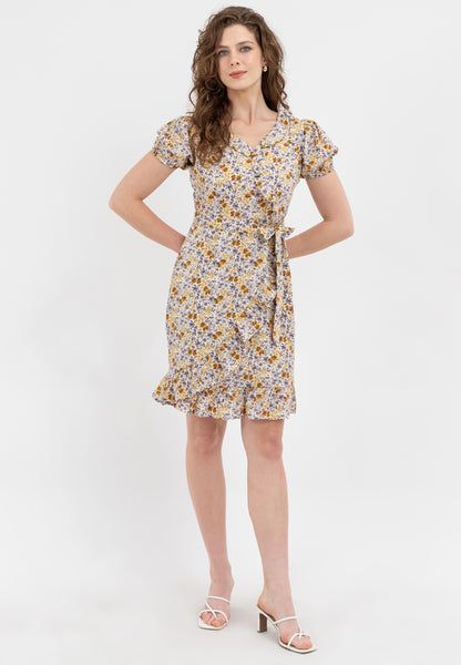 Krizia Puff Sleeves Overlap Flounce Hem Dress