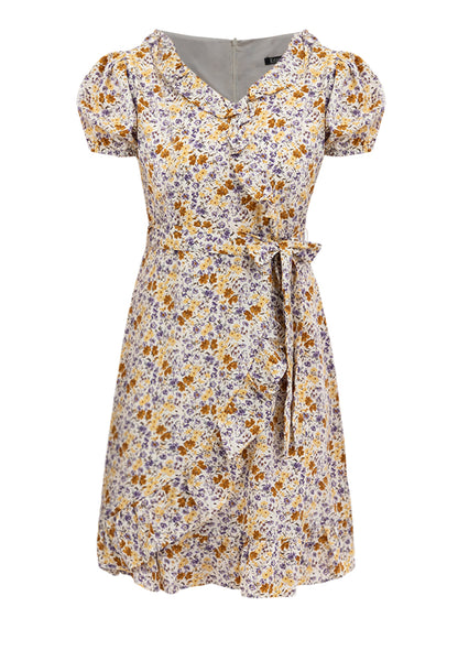 Krizia Puff Sleeves Overlap Flounce Hem Dress