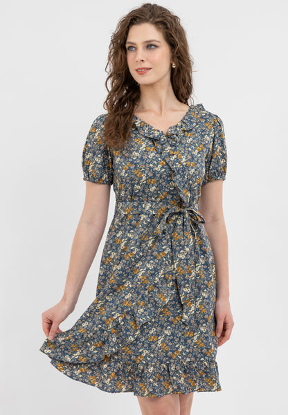 Krizia Puff Sleeves Overlap Flounce Hem Dress