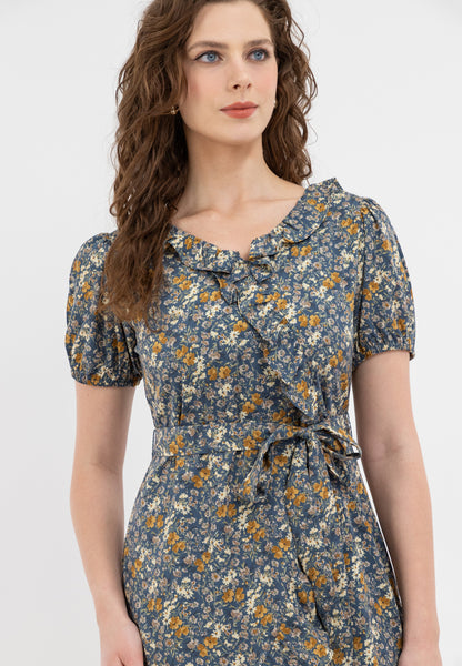 Krizia Puff Sleeves Overlap Flounce Hem Dress