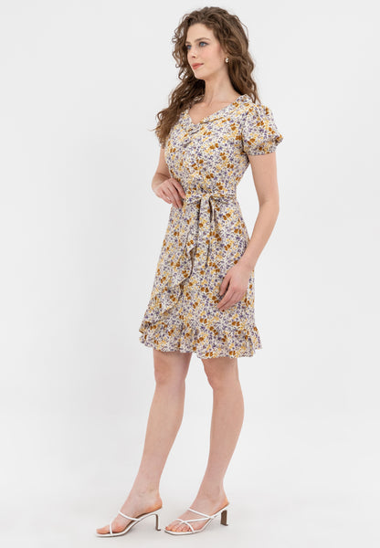 Krizia Puff Sleeves Overlap Flounce Hem Dress