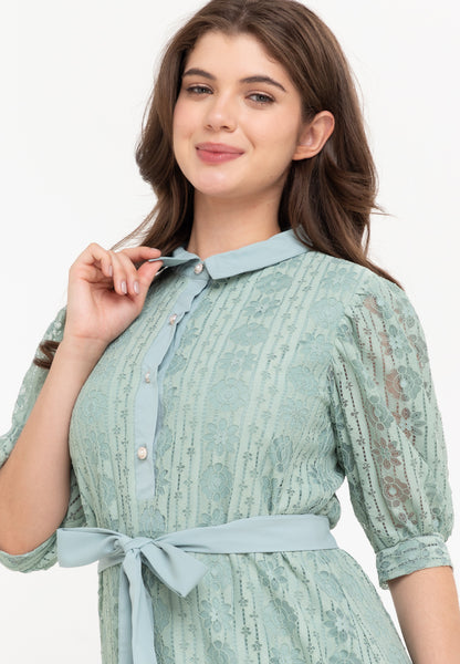 Krizia Puff Sleeves Lace Shirt Dress