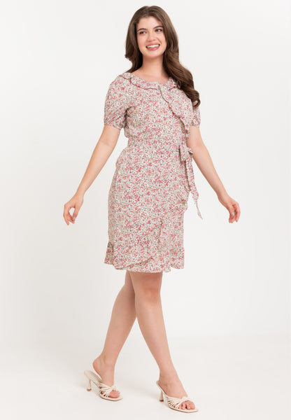 Krizia Puff Sleeves Overlap Flounce Hem Dress