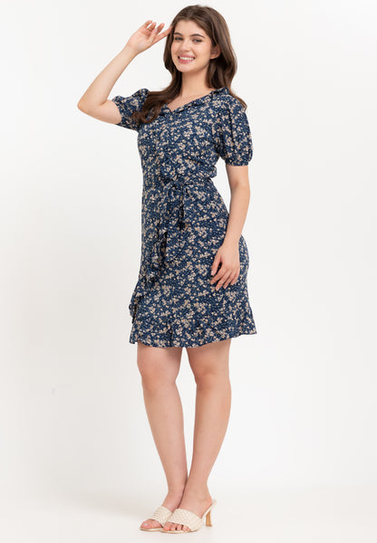 Krizia Puff Sleeves Overlap Flounce Hem Dress