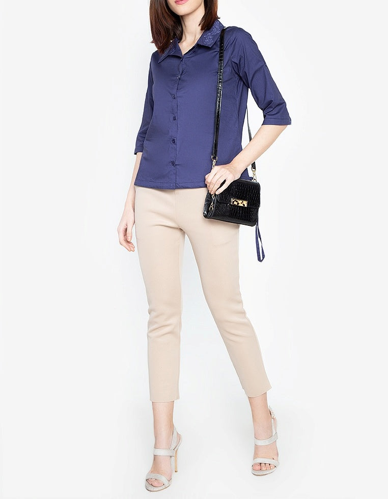 Krizia Buttoned Down Drawstring Hem Shirt with Floral Collar Detail