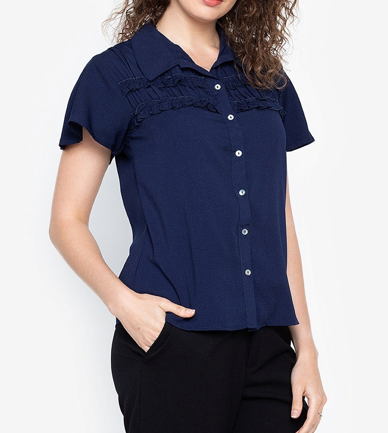 Collared Button Down Blouse with Frills