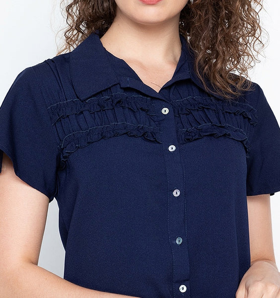 Collared Button Down Blouse with Frills