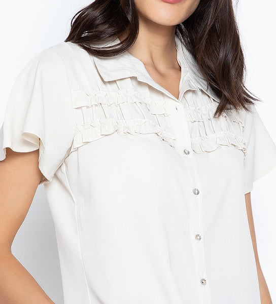 Collared Button Down Blouse with Frills