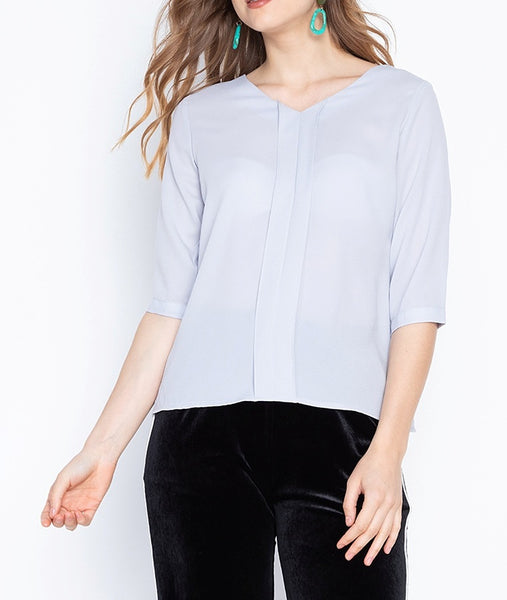 V-Neck 3/4 Blouse with Front Pleat