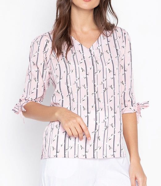 Printed Stripe V-neck Tie-Sleeve Blouse