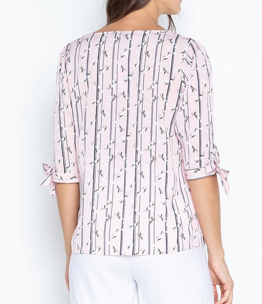 Printed Stripe V-neck Tie-Sleeve Blouse