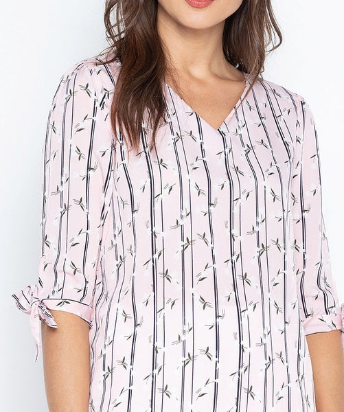 Printed Stripe V-neck Tie-Sleeve Blouse