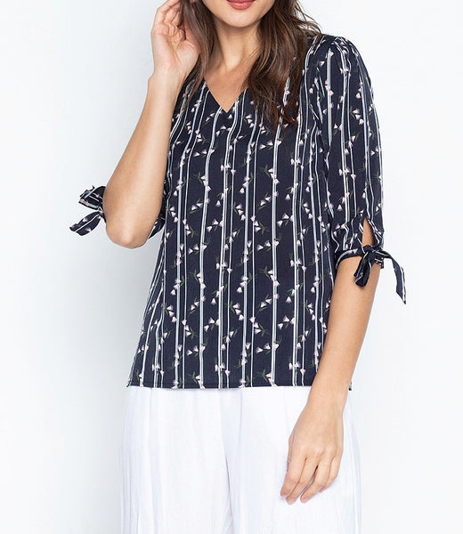 Printed Stripe V-neck Tie-Sleeve Blouse