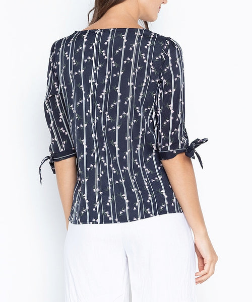 Printed Stripe V-neck Tie-Sleeve Blouse