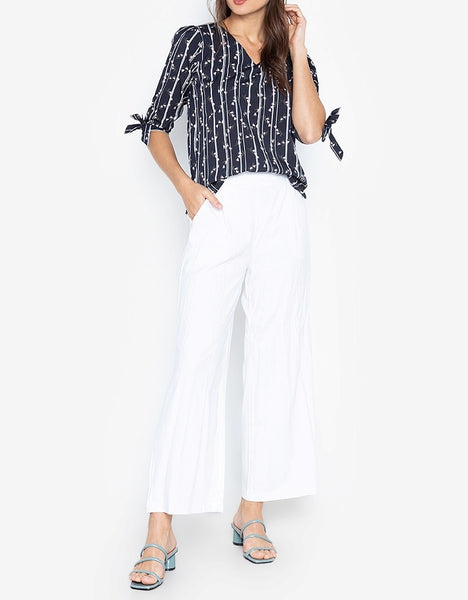 Printed Stripe V-neck Tie-Sleeve Blouse