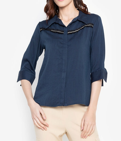 Button Down Stripe Embellished Blouse