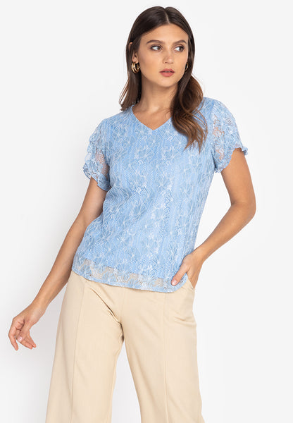 Krizia V-neck Frill Sleeve Lace Blouse Top