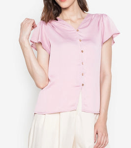 Button Down Soft Satin V-Neck Blouse