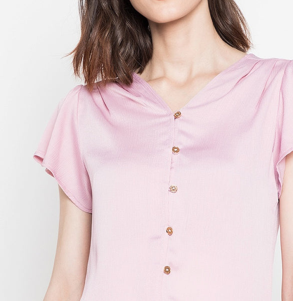 Button Down Soft Satin V-Neck Blouse