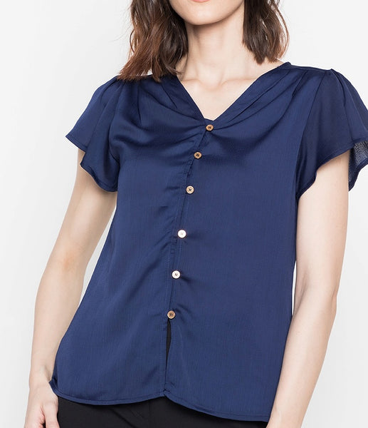 Button Down Soft Satin V-Neck Blouse