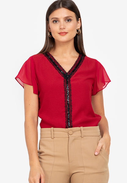 Krizia V-Neck Blouse with Lace Trimmings