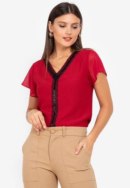 Krizia V-Neck Blouse with Lace Trimmings