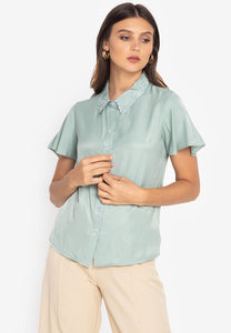 Krizia Embroidered Collar Button Down Blouse Top