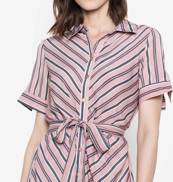 Striped Button Down Soft Satin Shift Dress