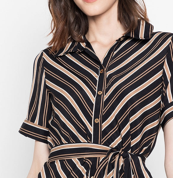 Striped Button Down Soft Satin Shift Dress