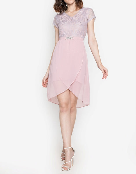 Lace Dress with Overlap Skirt & FREE Crystal Belt