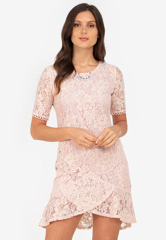 Krizia Premium Lace Overlap Flounce Hem Shift Dress Korean Style with Detachable Necklace