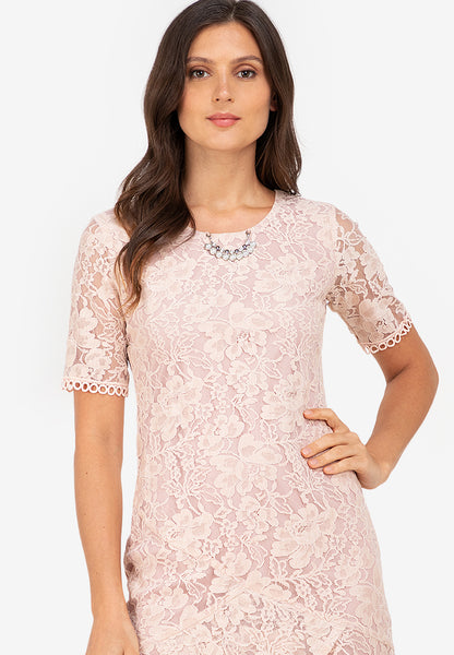 Krizia Premium Lace Overlap Flounce Hem Shift Dress Korean Style with Detachable Necklace