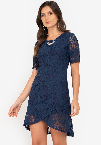 Krizia Premium Lace Overlap Flounce Hem Shift Dress Korean Style with Detachable Necklace